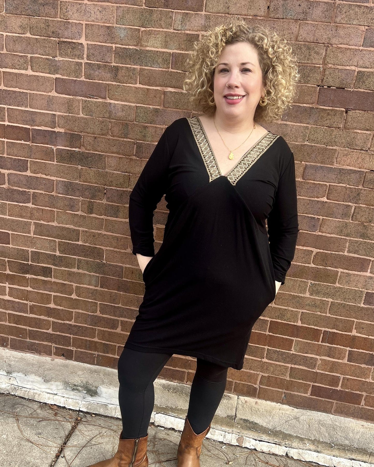 Drea Draped Dress in Black with Sage & Gold Vintage Trim