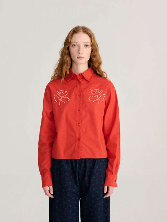 Red Flower Embroidery Poplin Shirt
