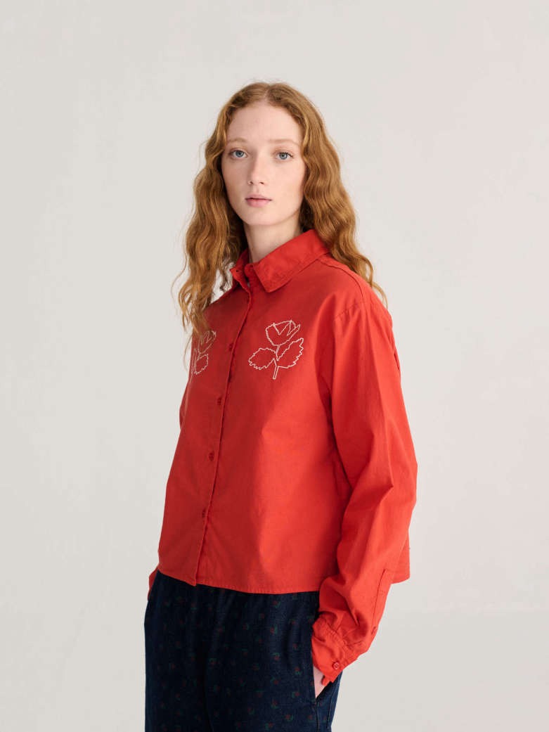 Red Flower Embroidery Poplin Shirt