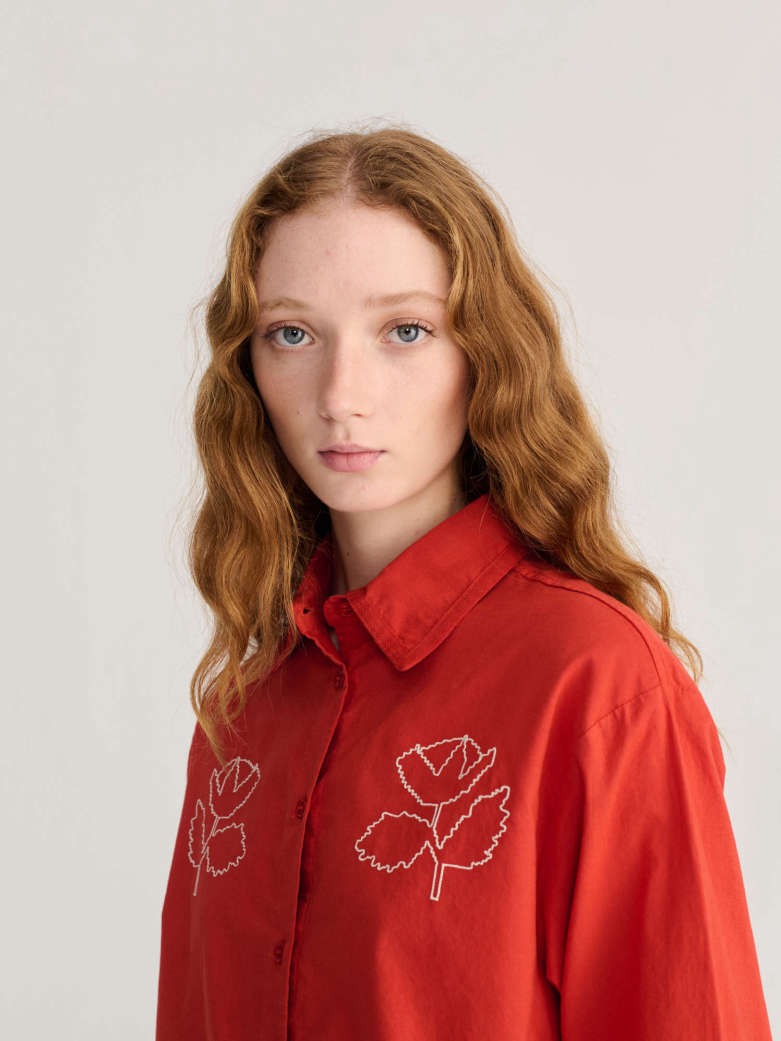 Red Flower Embroidery Poplin Shirt