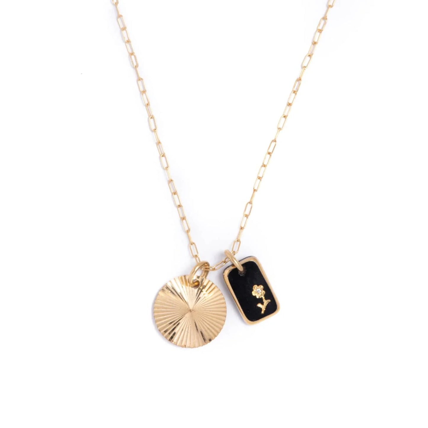 Black Glass & Sunburst Charm Necklace