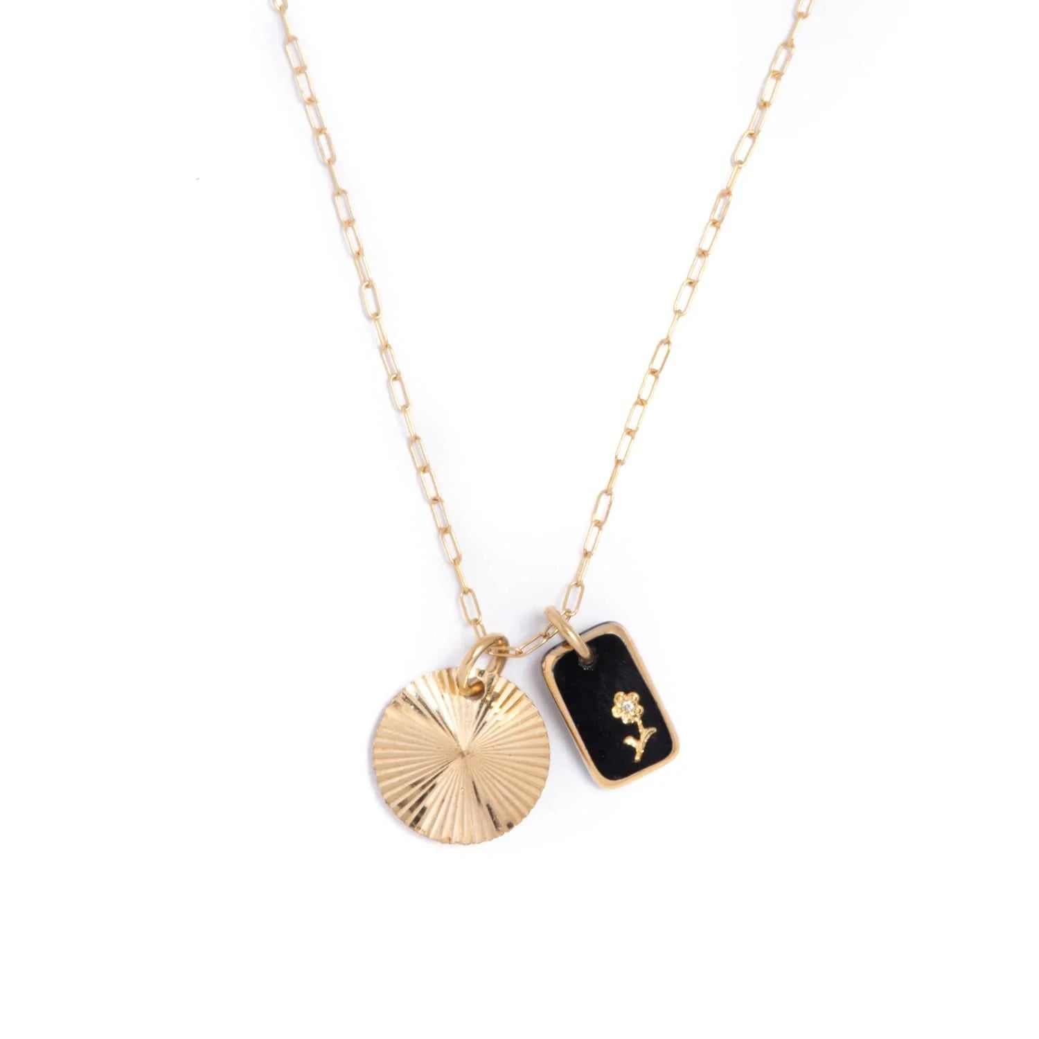 Black Glass & Sunburst Charm Necklace
