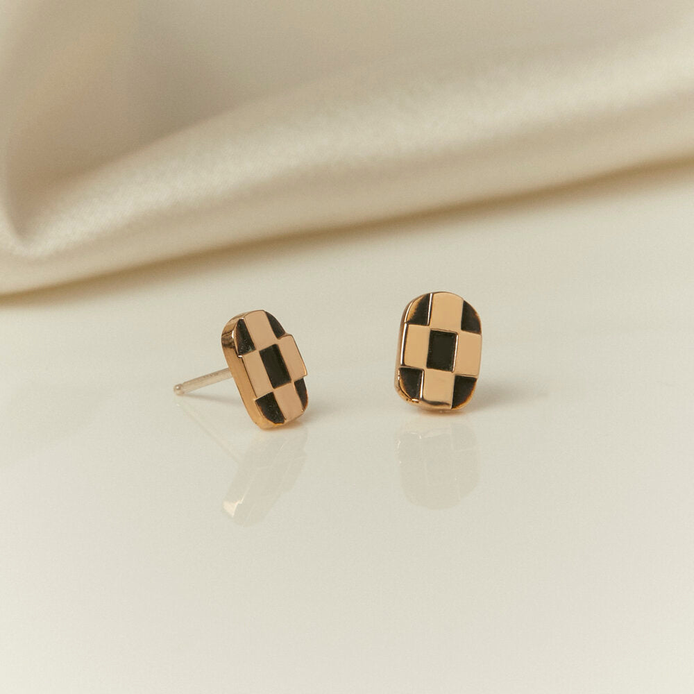 Checkerboard Mini Post Bronze Earrings